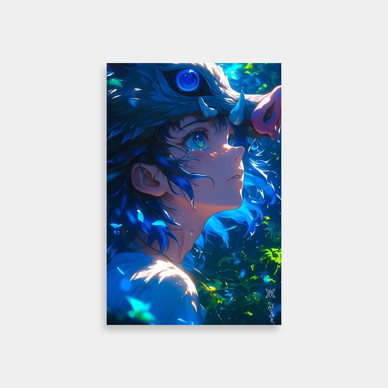 Inosuke Kamado Demon Slayer Nature Poster - Blue Eyes and Green Leaves