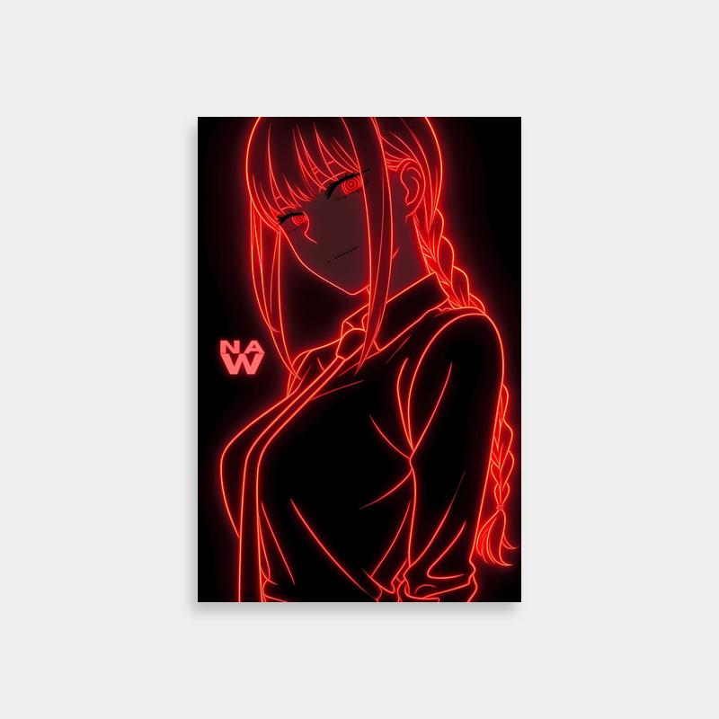 Makima Neon Red Background Poster - Long Hair & Braids | Chainsaw Man