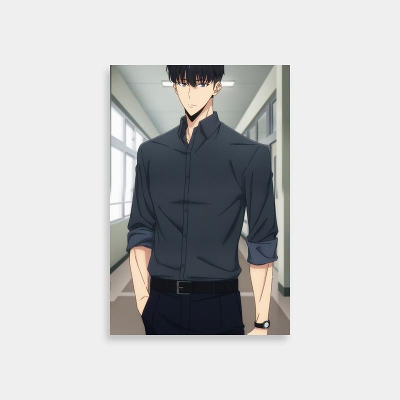 Solo Leveling Sung Jin-Woo Black Outfit Poster - Confident Pose Art