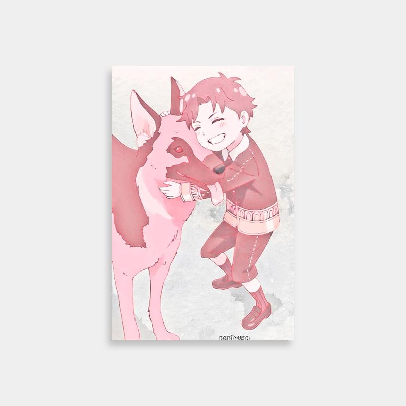 Damian Desmond Spy x Family Print - Boy Hugging Pink Dog in Snow