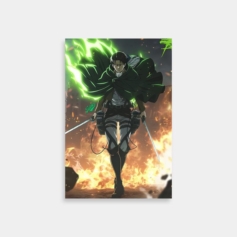 Levi Ackerman Attack on Titan Poster - Anime Character with Swords and Fire Sky