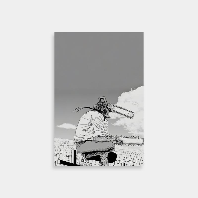 Pochita Chainsaw Man Art Print - Man Sitting on Wooden Fence