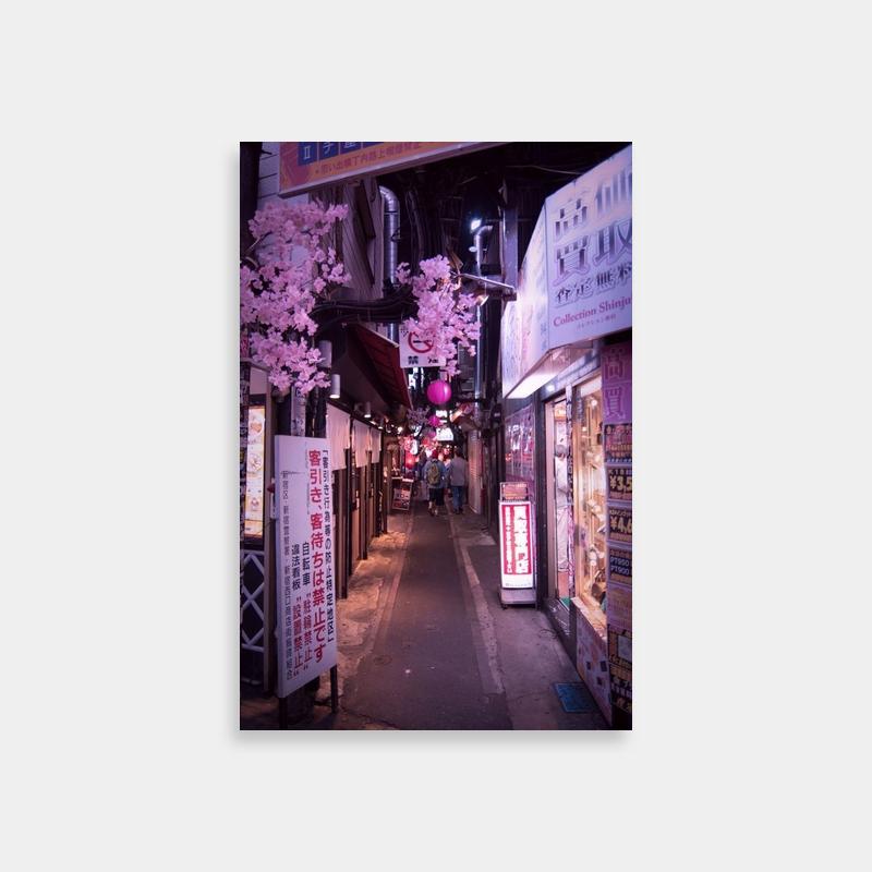 Azumanga Daioh Osaka Night Street Poster - Pink Blossoms & Neon Signs Wall Art