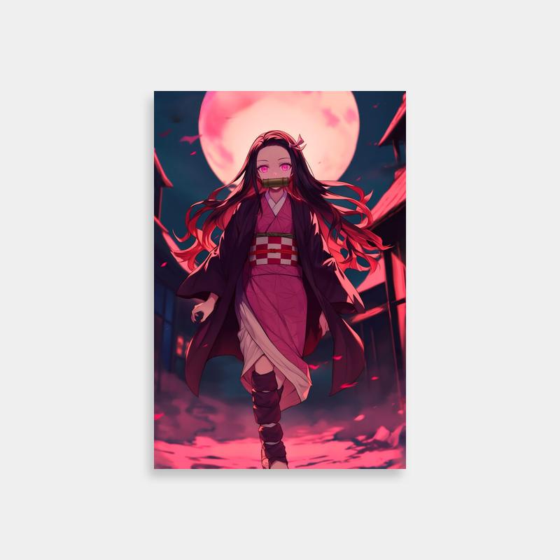 Nezuko Kamado Moonlit Poster - Pink Sky Anime Art