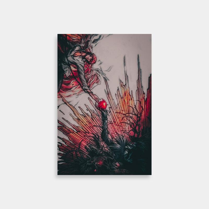 Light Yagami Death Note Poster - Red Apple & Cityscape Art