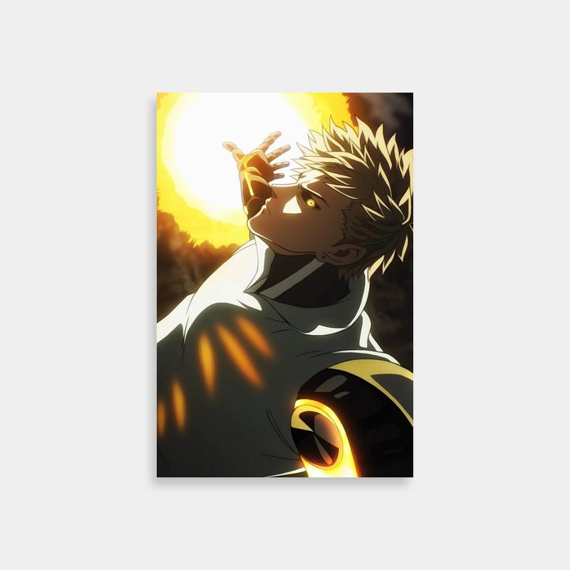 Genos One Punch Man Poster - Blonde Anime Character with Black Eyes in Yellow Sun Art