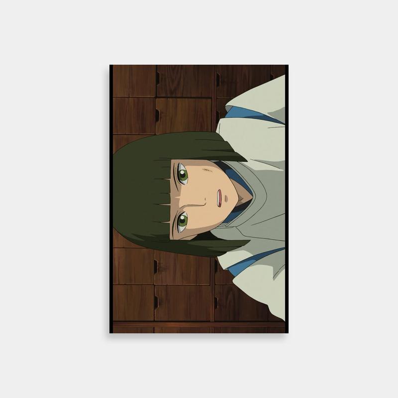 Chihiro Ogino Anime Poster - Green Eyes & Long Hair by Wooden Wall