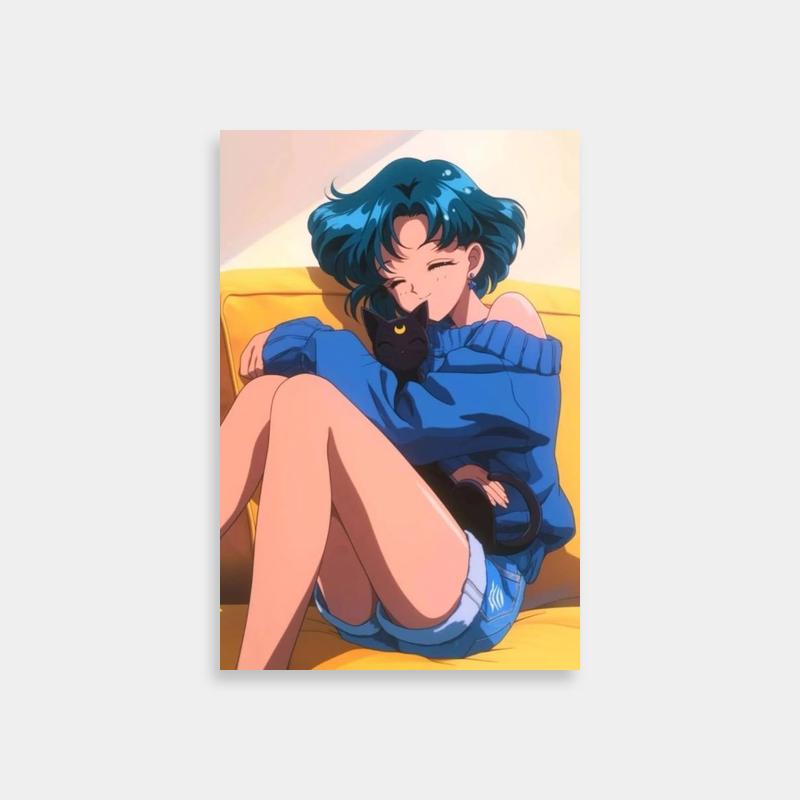 Ami Mizuno Sailor Moon Poster - Sitting on Yellow Couch with Cat
