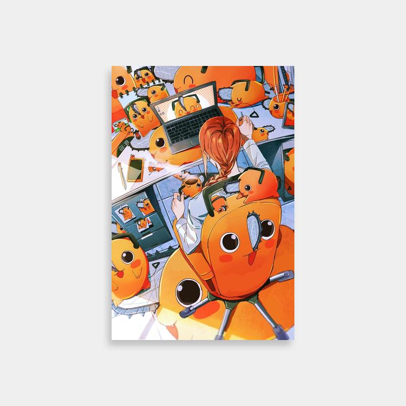 Pochita Chainsaw Man Illustration - Woman with Laptop & Emoticons