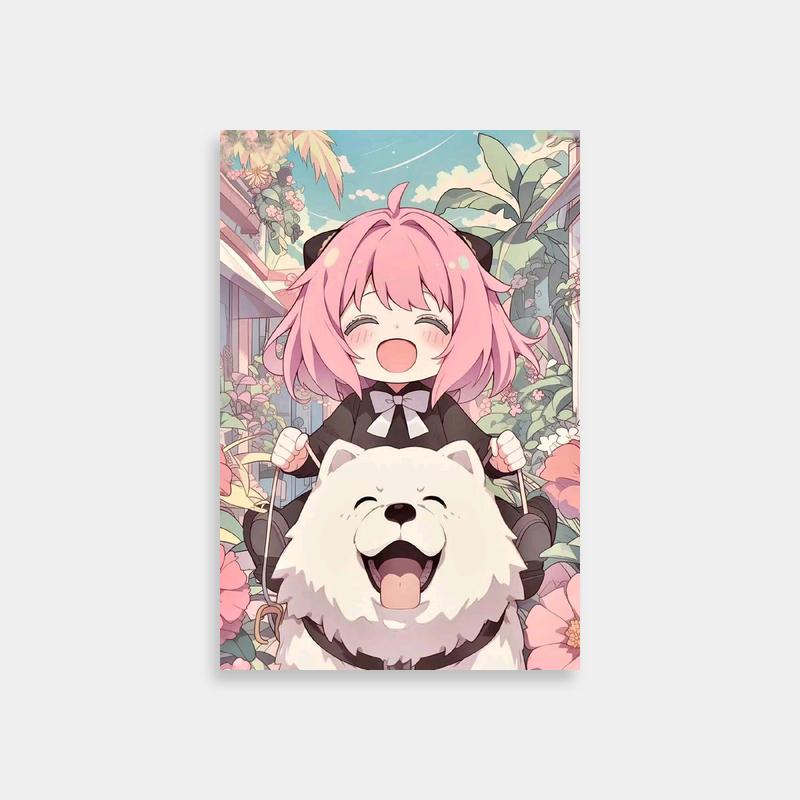 Anya Forger Spy x Family Anime Poster - Sitting on a White Dog with Floral Background