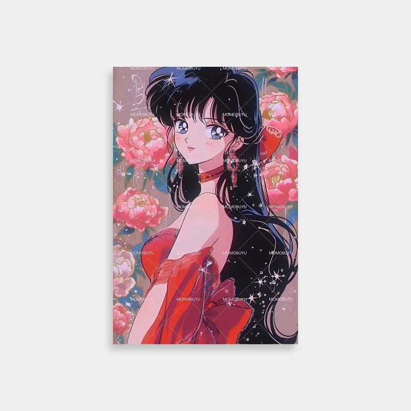 Rei Hino Sailor Moon Art Print - Floral Background with Pink Flowers