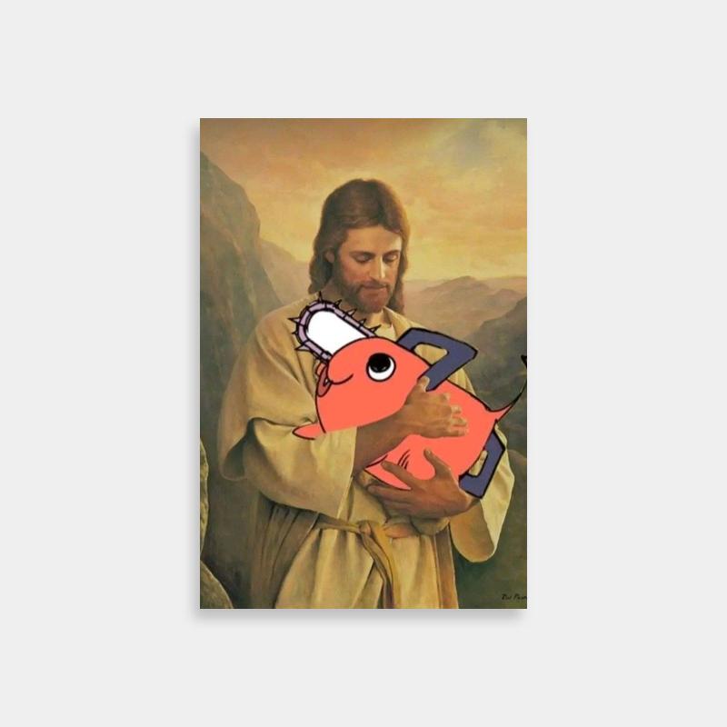 Pochita Chainsaw Man Poster - Jesus Holding Fish Mountain Painting