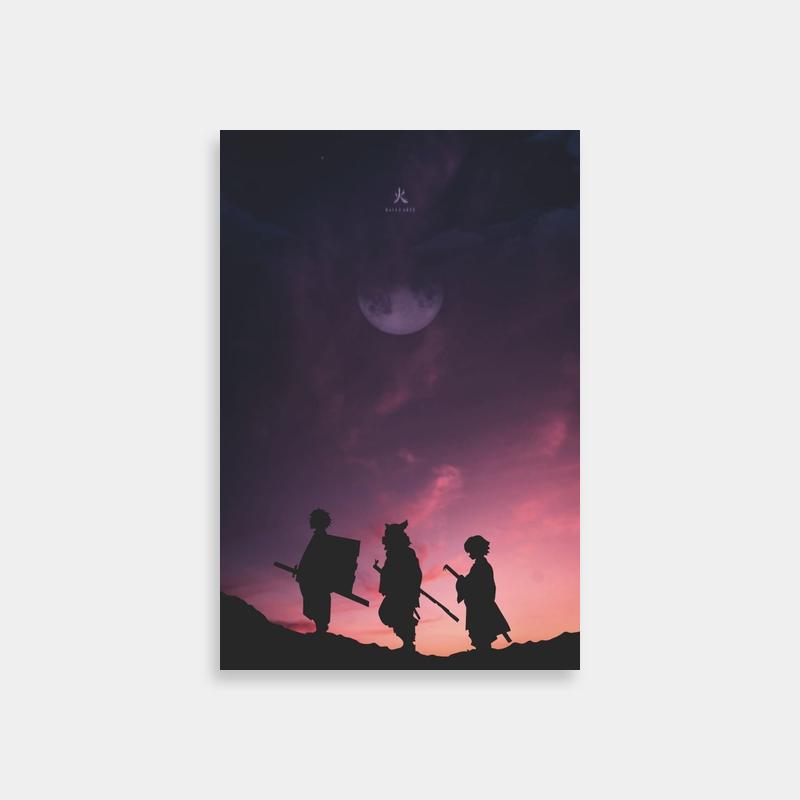 Inosuke Kamado Demon Slayer Night Scene Poster - Purple and Pink Sky