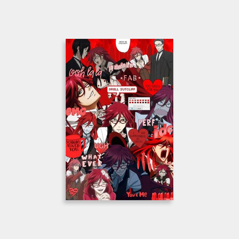 Grell Sutcliff Black Butler Anime Poster - Red Hair & Hearts Design