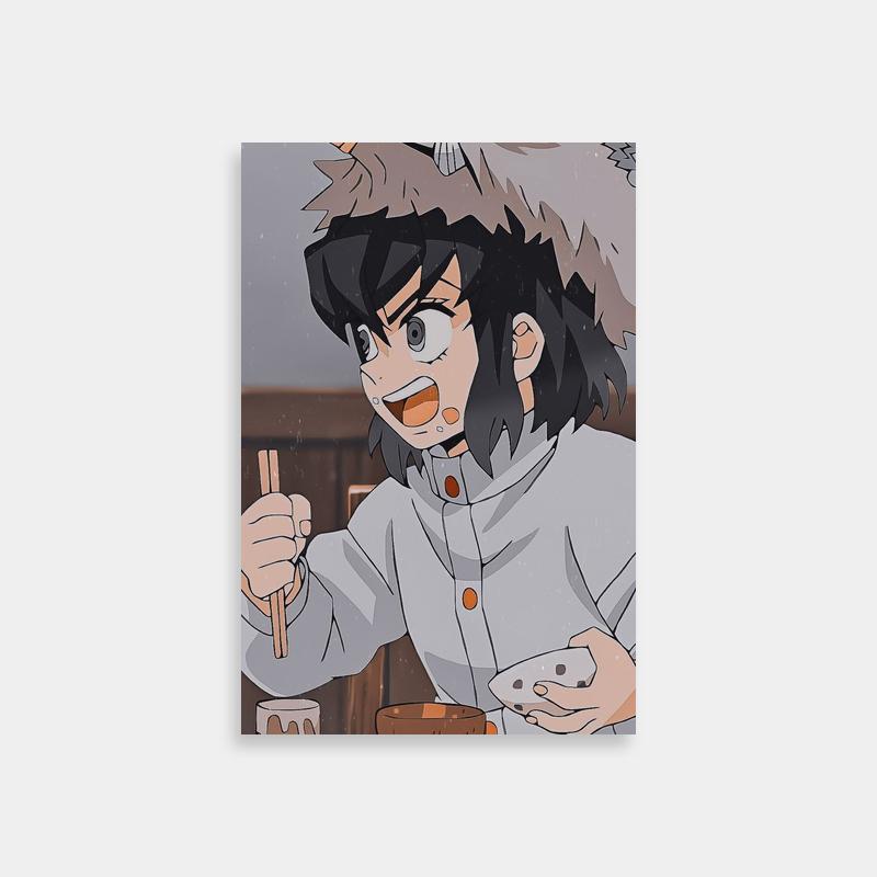 Inosuke Kamado Demon Slayer Anime Poster - Holding Chopsticks with Food