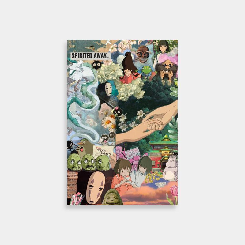 Spirited Away Collage Poster - Anime Characters & Flowers