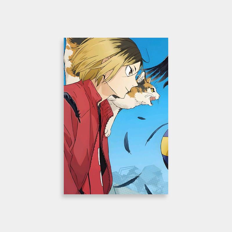 Kenma Kozume with Cat Anime Poster - Haikyuu Wall Art with Birds