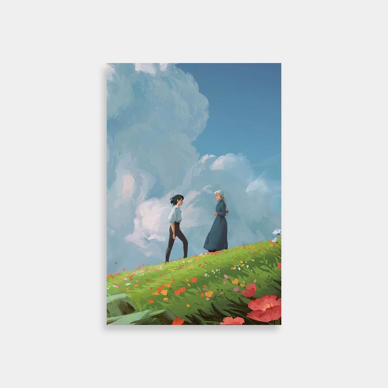 Ponyo Wall Art - Two People in a Green Field Under a Cloudy Sky - Anime Poster