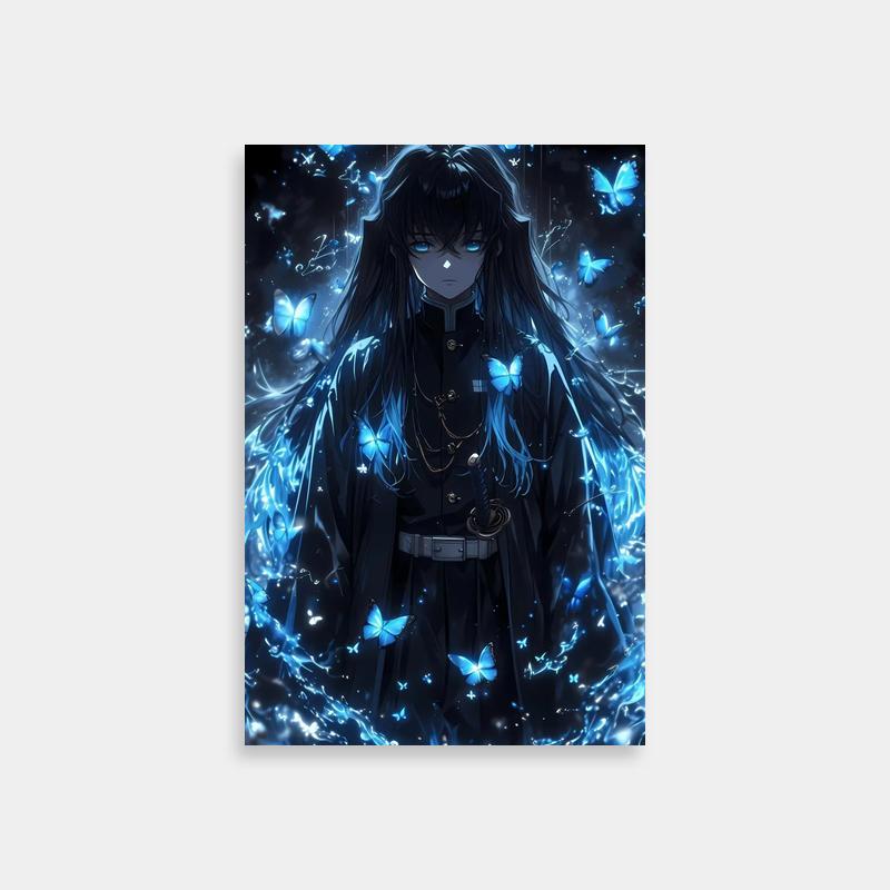 Muichiro Tokito Demon Slayer Poster - Blue Butterflies & Dark Background
