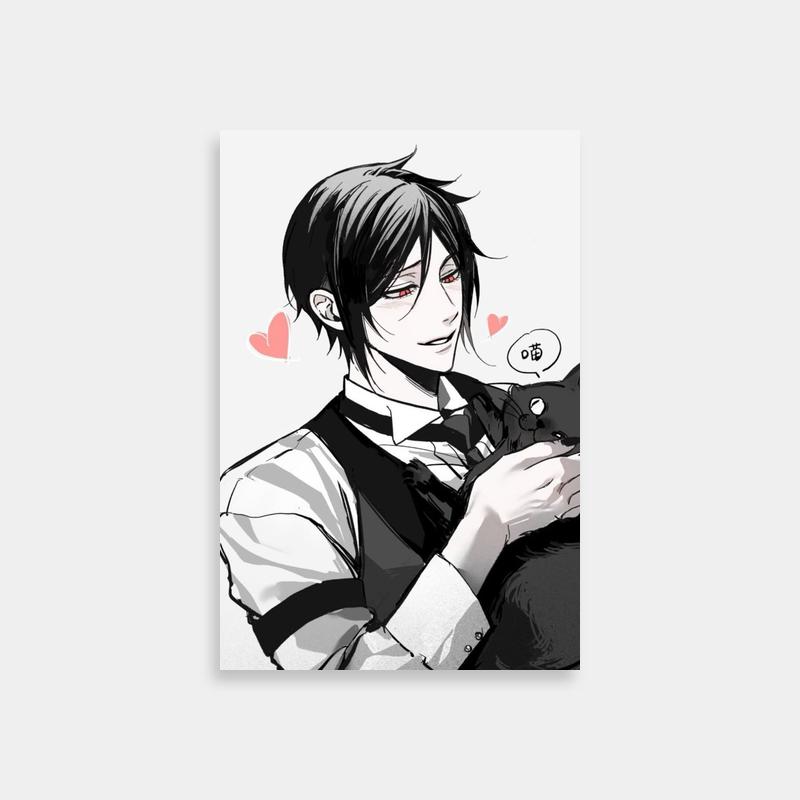Sebastian Michaelis Black Butler Poster - Anime Character Holding Cat with Hearts