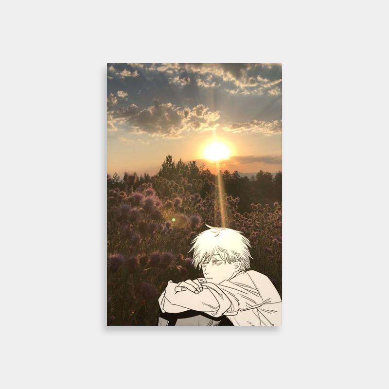 Denji in Purple Flowers Poster - Chainsaw Man Anime Art