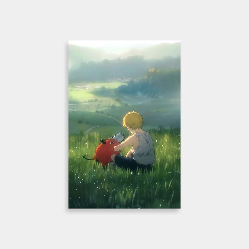 Denji Chainsaw Man Poster - Boy Sitting With Pig in Grass