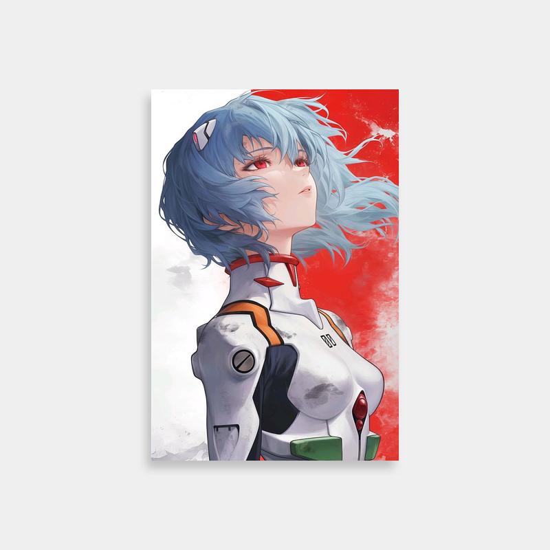 Rei Ayanami Neon Genesis Evangelion Poster - Blue-Haired Character on Red Background