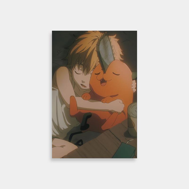 Pochita Chainsaw Man Poster - Boy with Orange Teddy Bear Night Scene