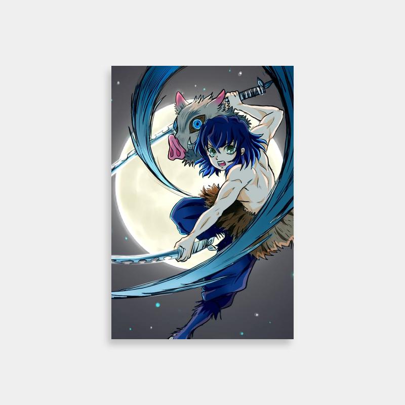 Inosuke Kamado Demon Slayer Moonlight Poster - Blue Hair and Full Moon