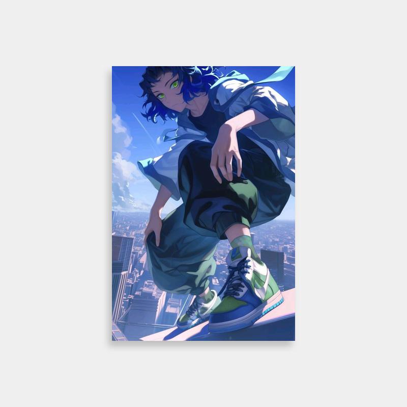Inosuke Kamado Demon Slayer Action Poster - Skateboarding Over Buildings