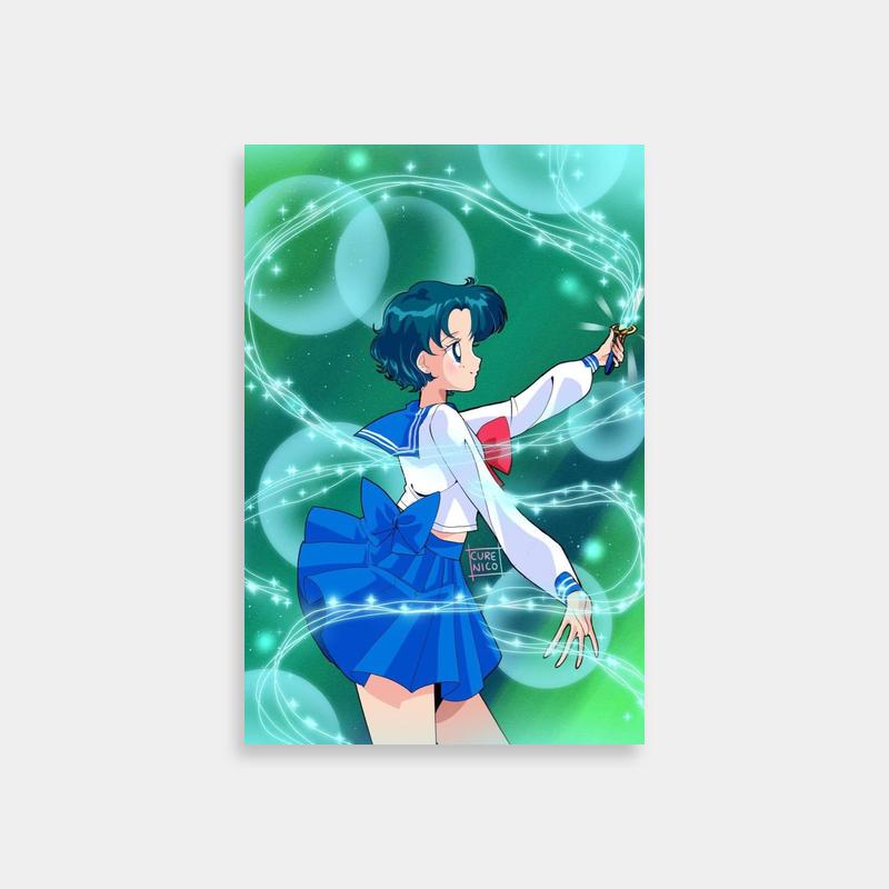 Ami Mizuno Sailor Moon Poster - Blue-Haired Character with Wand and Bubbles