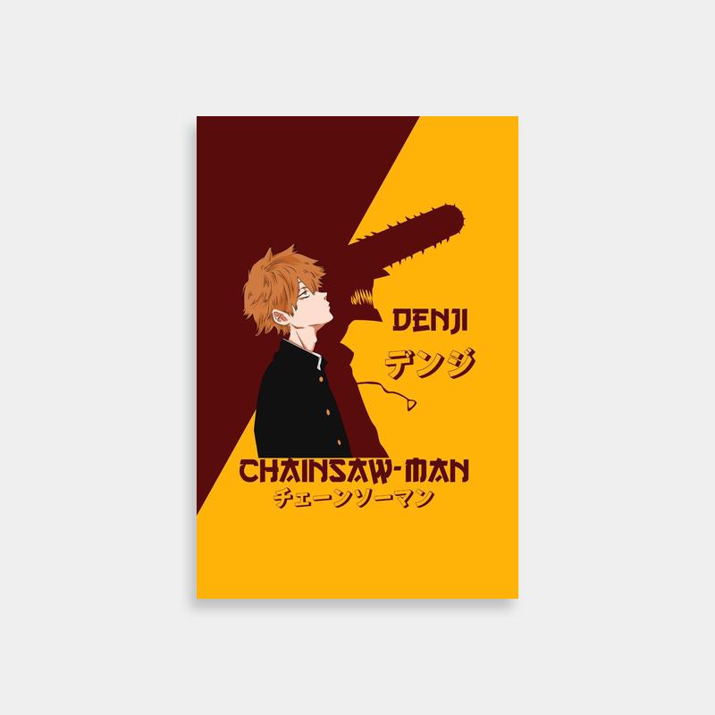 Denji Chainsaw Man Poster - Red Hair Anime Character on Black & Yellow Background