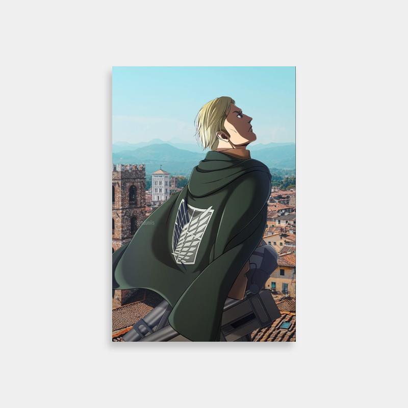 Erwin Smith Attack on Titan Poster - Blonde Commander Over Rooftops Art