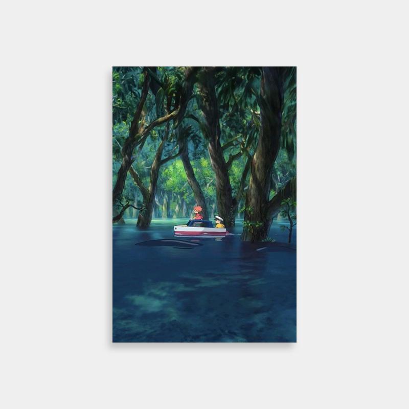 Ponyo Scenic Poster - Boat on Water Near Trees and Bushes - Anime Art