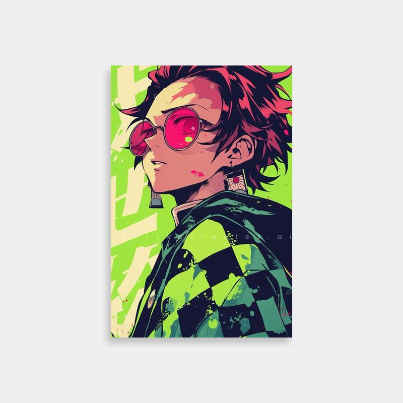 Tanjiro Kamado Anime Poster - Red-Haired Character on Green Background
