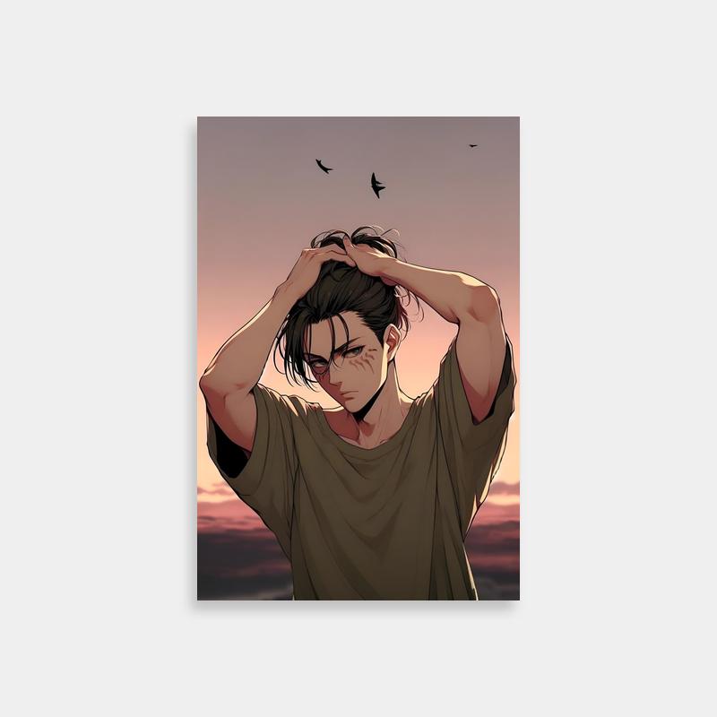 Eren Yeager Attack on Titan Poster - Dramatic Sunset Pose with Birds