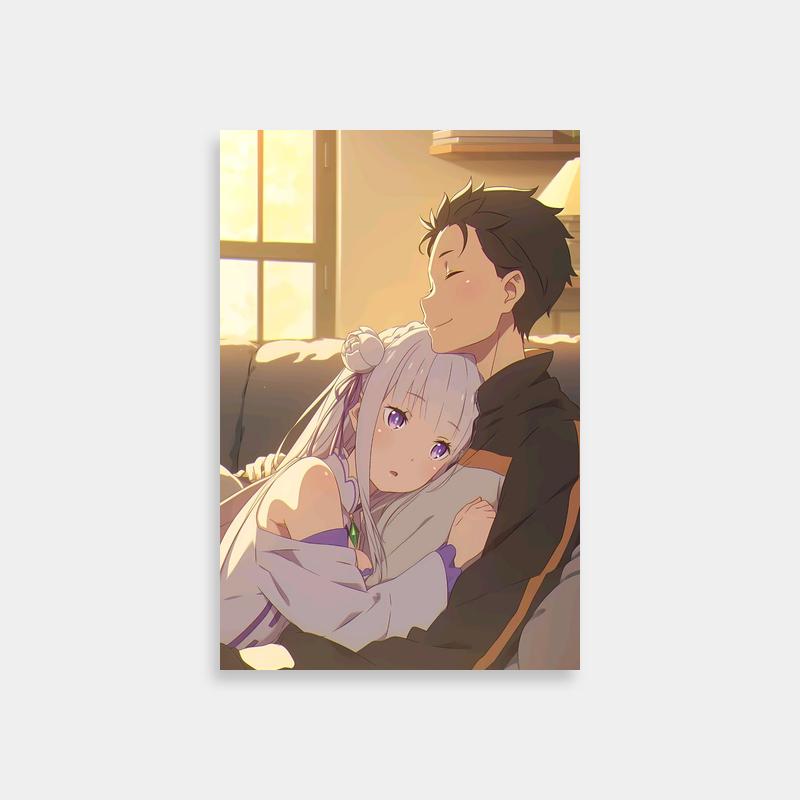 Emilia & Re:Zero Cuddling Anime Poster - High-Quality Wall Art