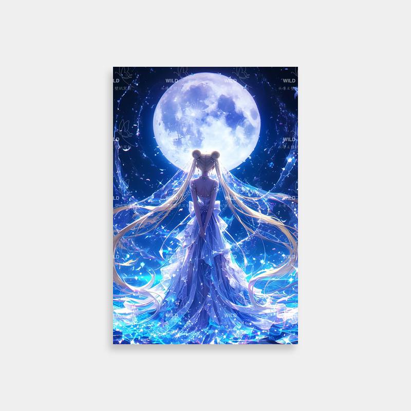 Elegant Sailor Moon Poster - Woman with Long Hair Under Full Moon