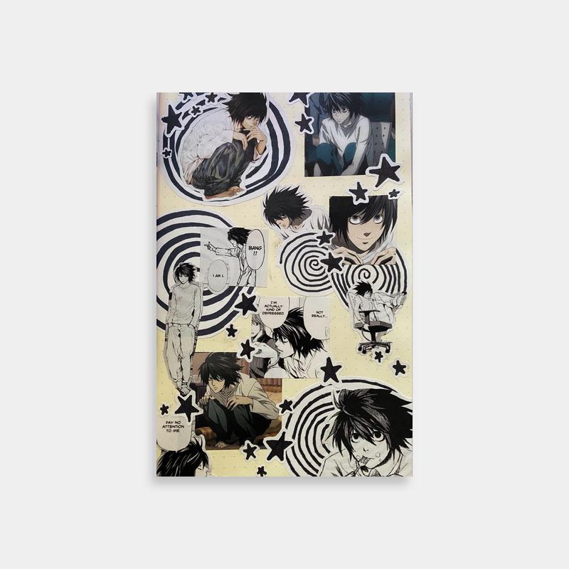 L Lawliet Death Note Collage Poster - Black & White Swirls & Stars