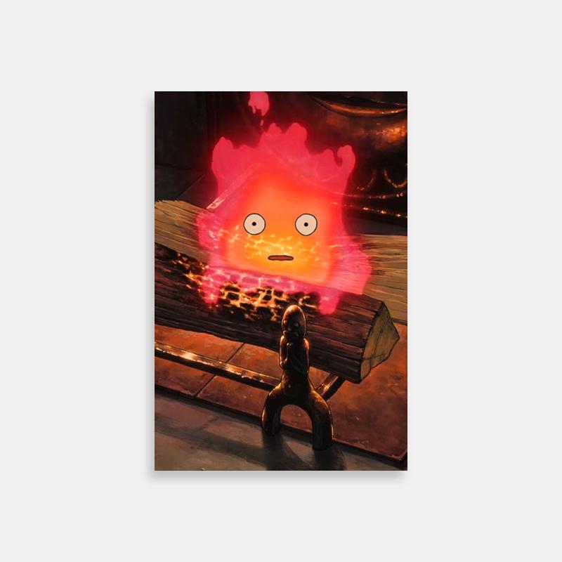 Calcifer Howls Moving Castle Cartoon Poster - Character on Bench with Fireball