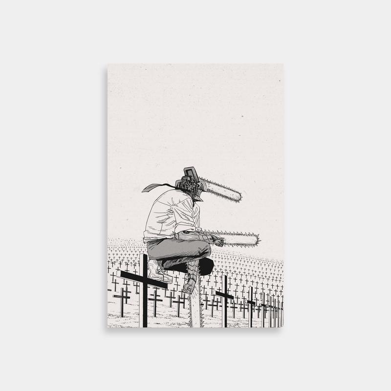 Pochita Chainsaw Man Poster - Man on Fence with Crosses Field Art