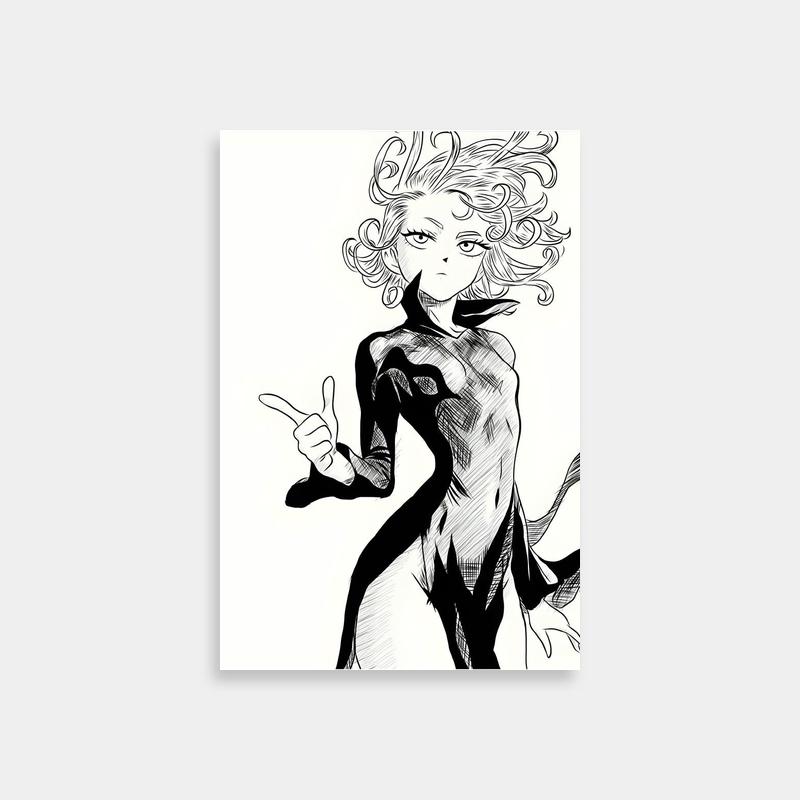 Tatsumaki Black & White Art Print - Curly Haired Anime Character