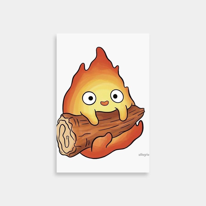 Calcifer Howls Moving Castle Cartoon Art - Character Holding a Log