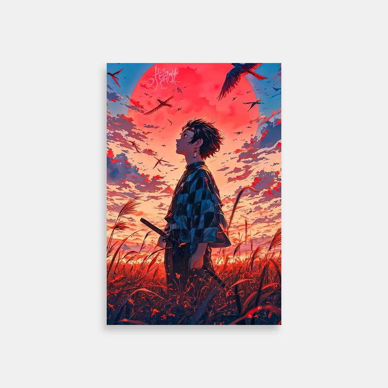 Tanjiro Kamado Demon Slayer Poster - Field Scene with Sunset