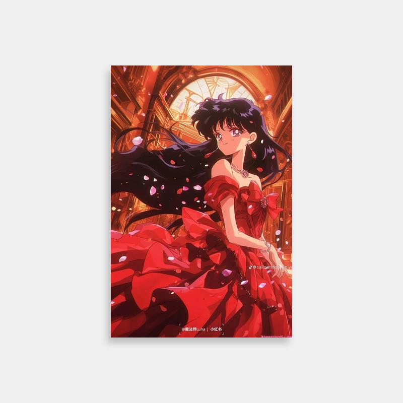 Rei Hino Sailor Moon Art Print - Elegant Red Dress with Flowing Streamers