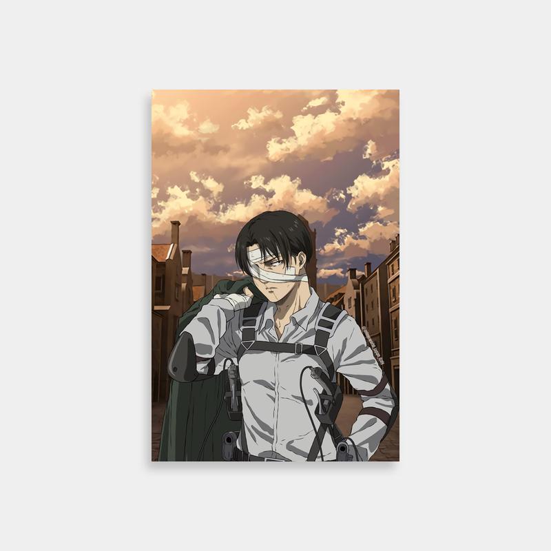 Levi Ackerman Attack on Titan Poster - Anime Character Standing in Front of Buildings
