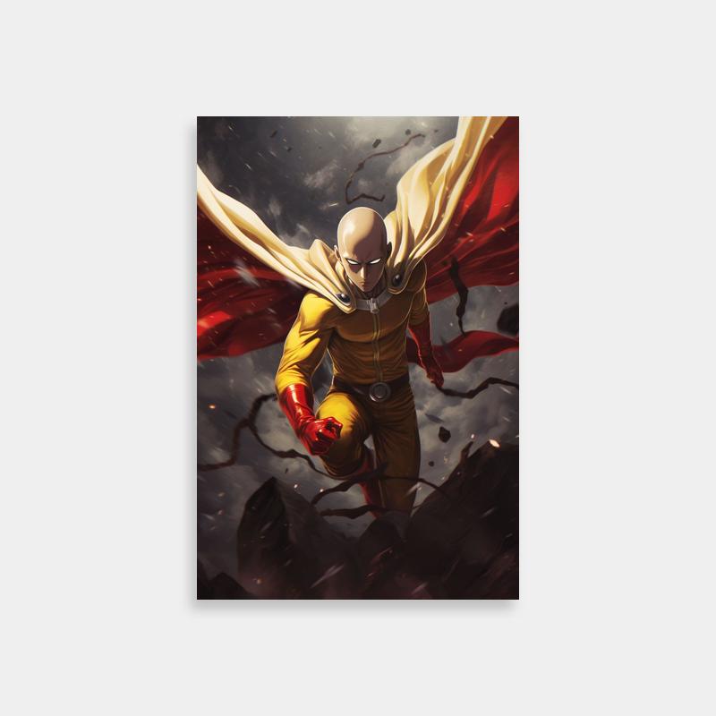 Saitama One Punch Man Poster - Flying Hero in Yellow & Red