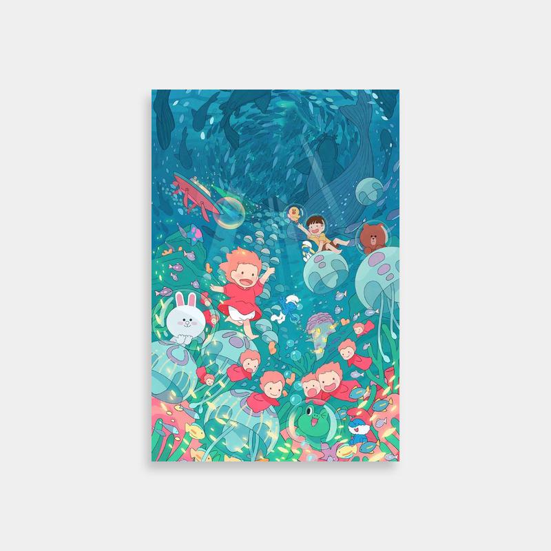 Ponyo Underwater Scene Poster – Kids Swimming with Sea Creatures