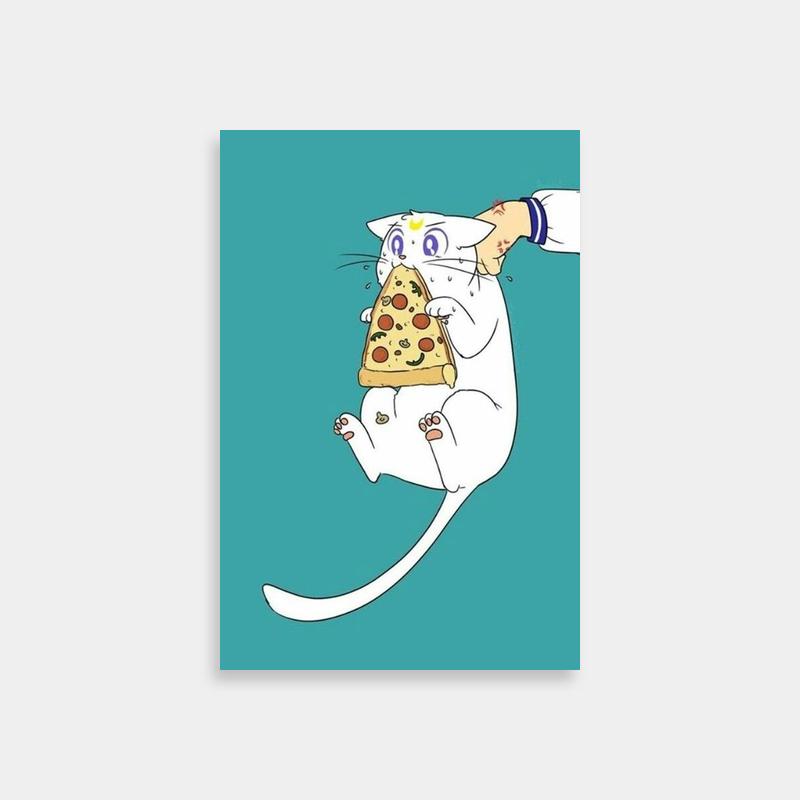 Funny Chibiusa Sailor Moon Poster - Cat with Pizza & Baseball Cap