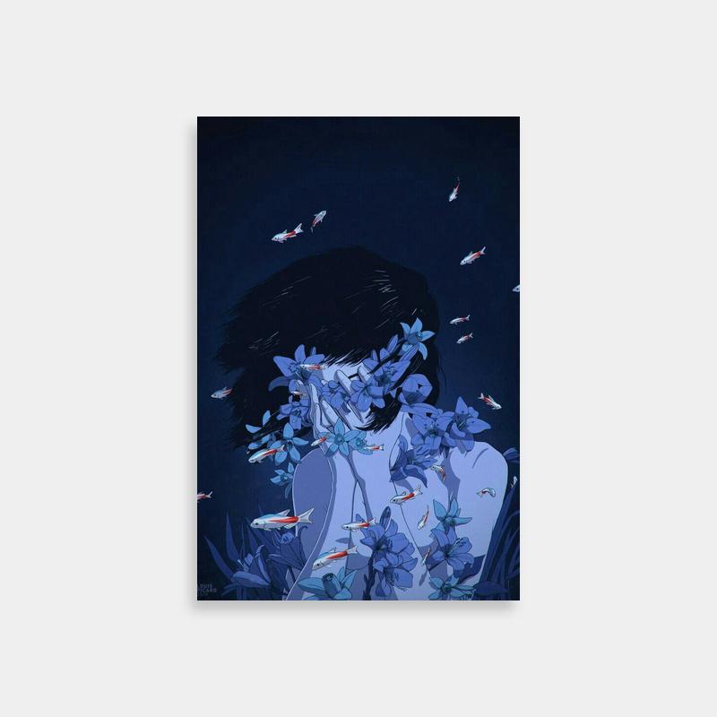 Paprika Art Print - Surreal Woman with Fish & Blue Flowers